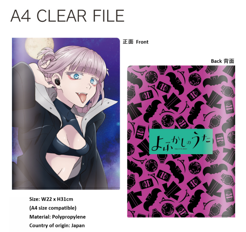 【Anime Merch Set Call of the Night (Yofukashi no Uta)】  T-shirt (XL)Black＆White + Canvas Sacoche + A4 Clear File