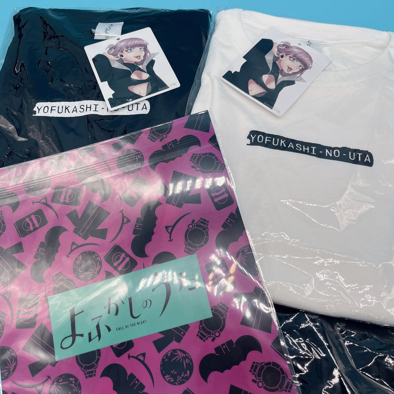 【Anime Merch Set Call of the Night (Yofukashi no Uta)】  T-shirt (XL)Black＆White + Canvas Sacoche + A4 Clear File